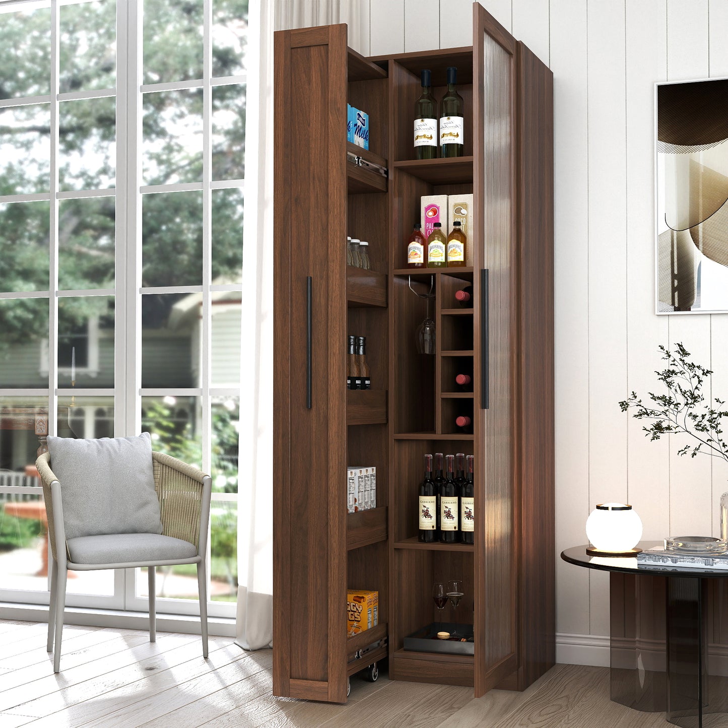 Farmhouse Kitchen Pantry Cabinet with Pull-Out Storage Shelf - Walnut