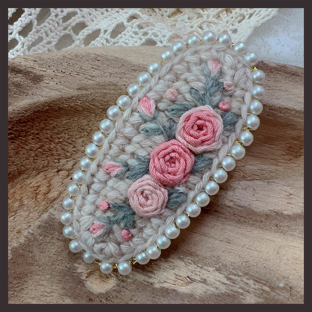 Retro Embroidery Wool Hair Clip with Pearl Details