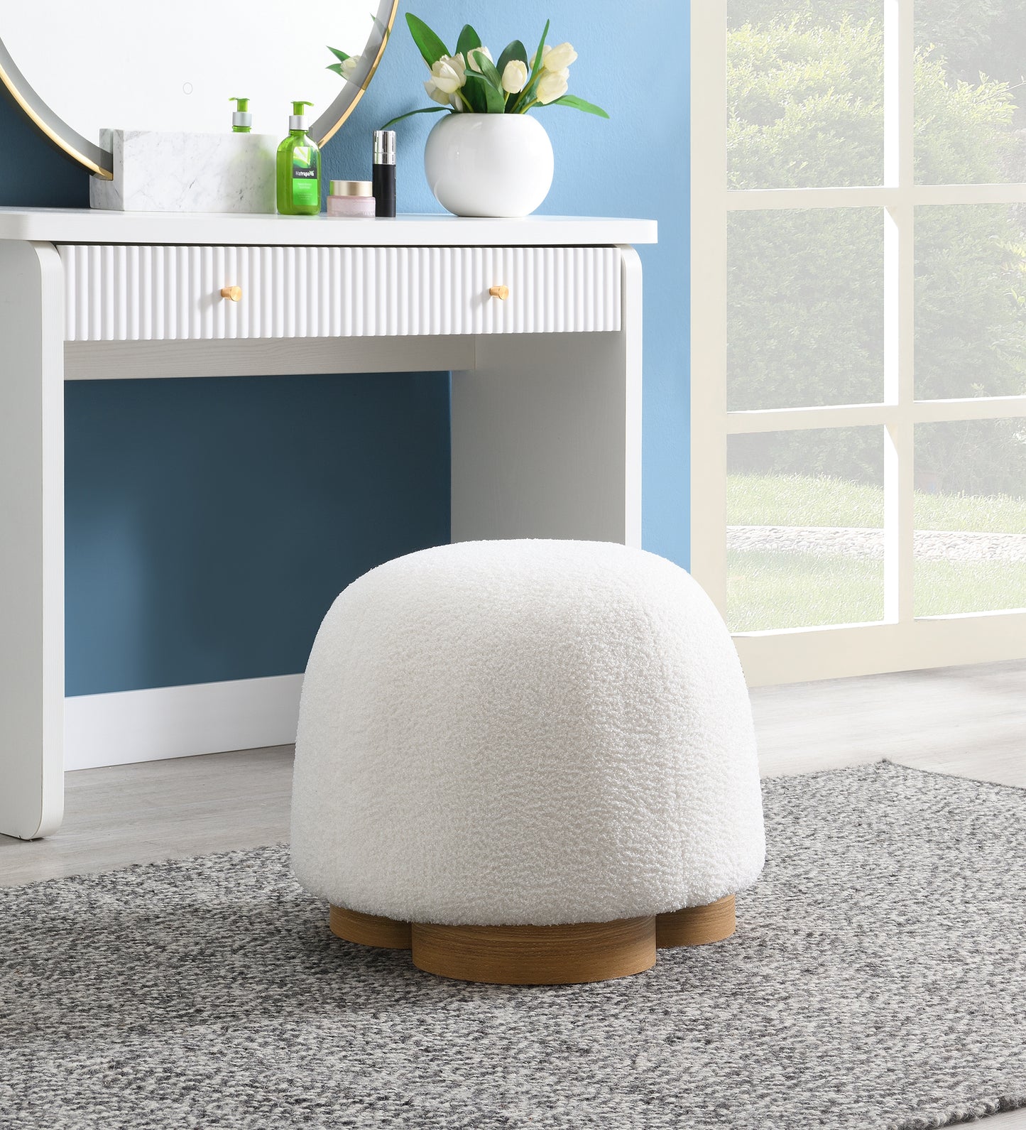Fully Assembled Round Soft Teddy Fabric Upholstered Ottoman,