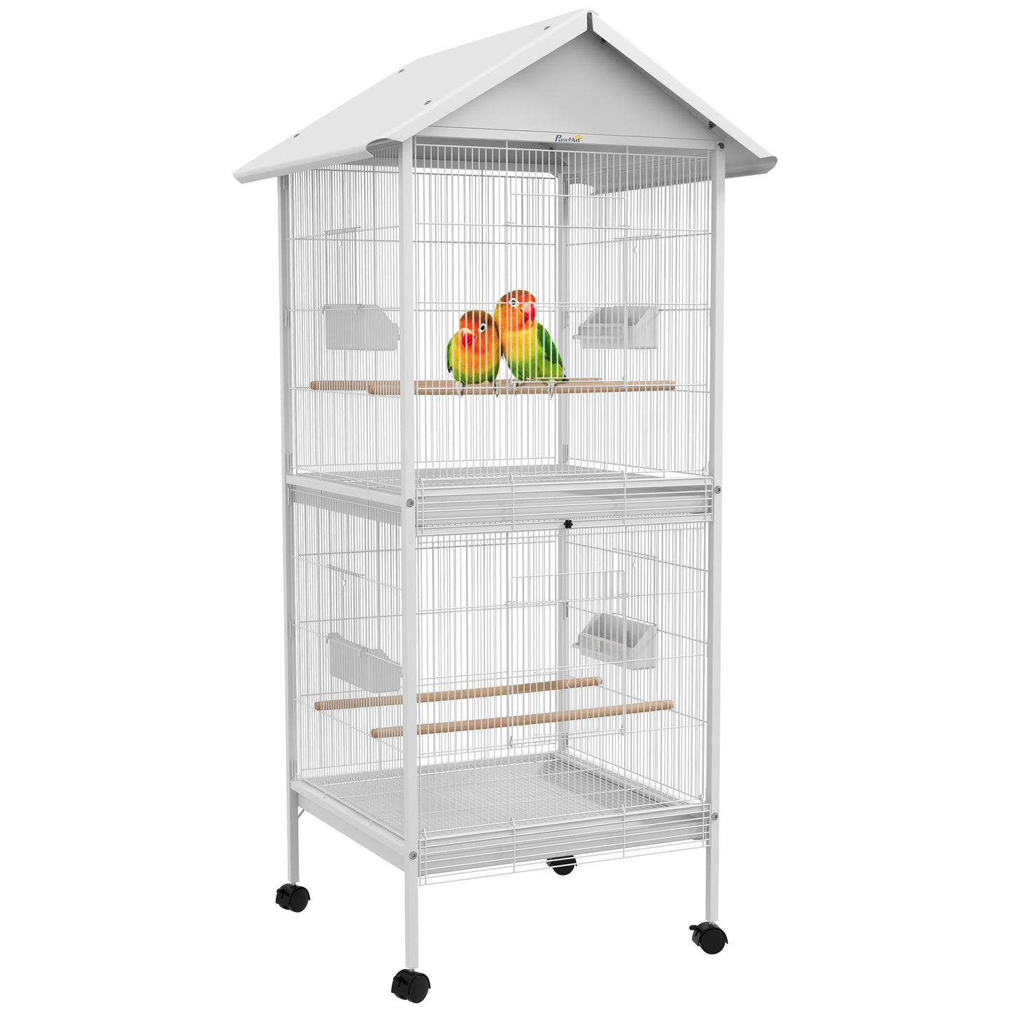 White Metal Bird Cage with Rolling Stand for Small to Medium Birds 67" H