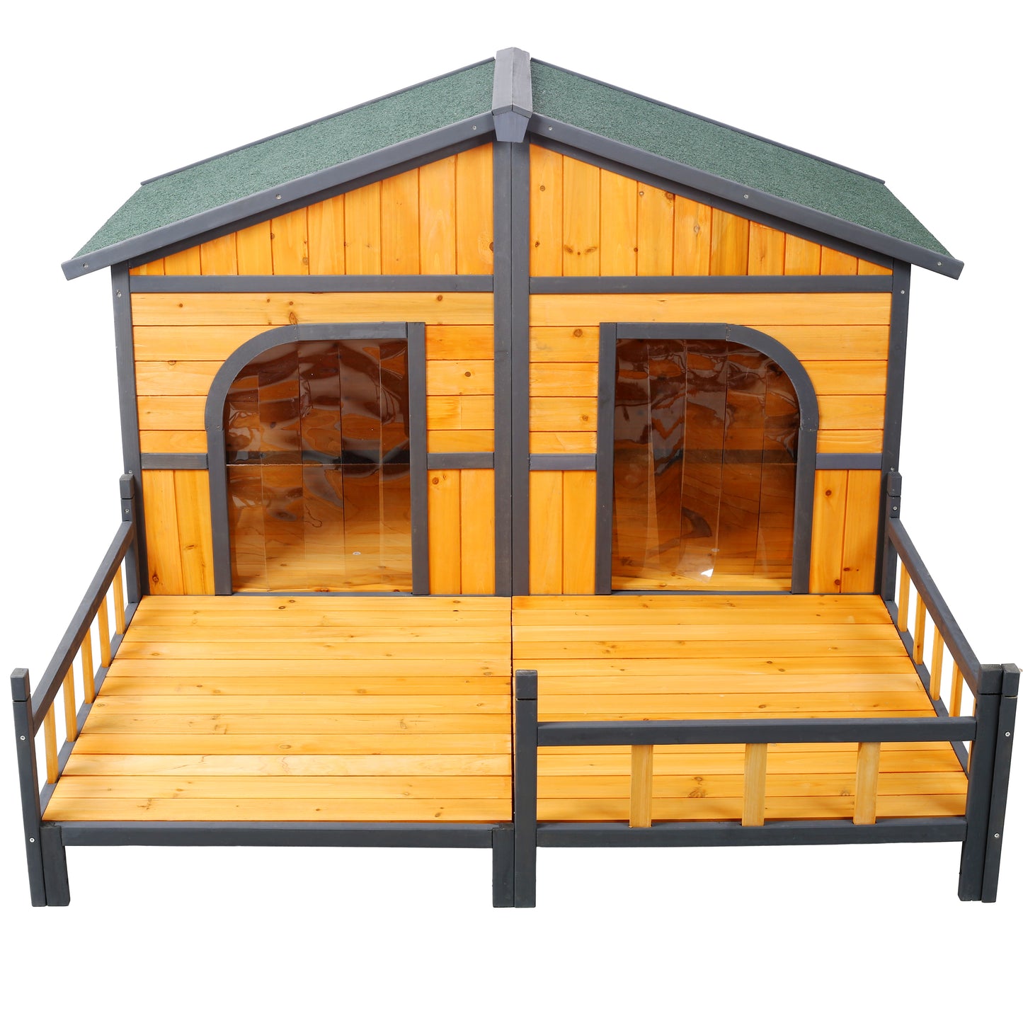 Large Wooden Dog House Outdoor Double Kennel with Porch & Elevated Floor