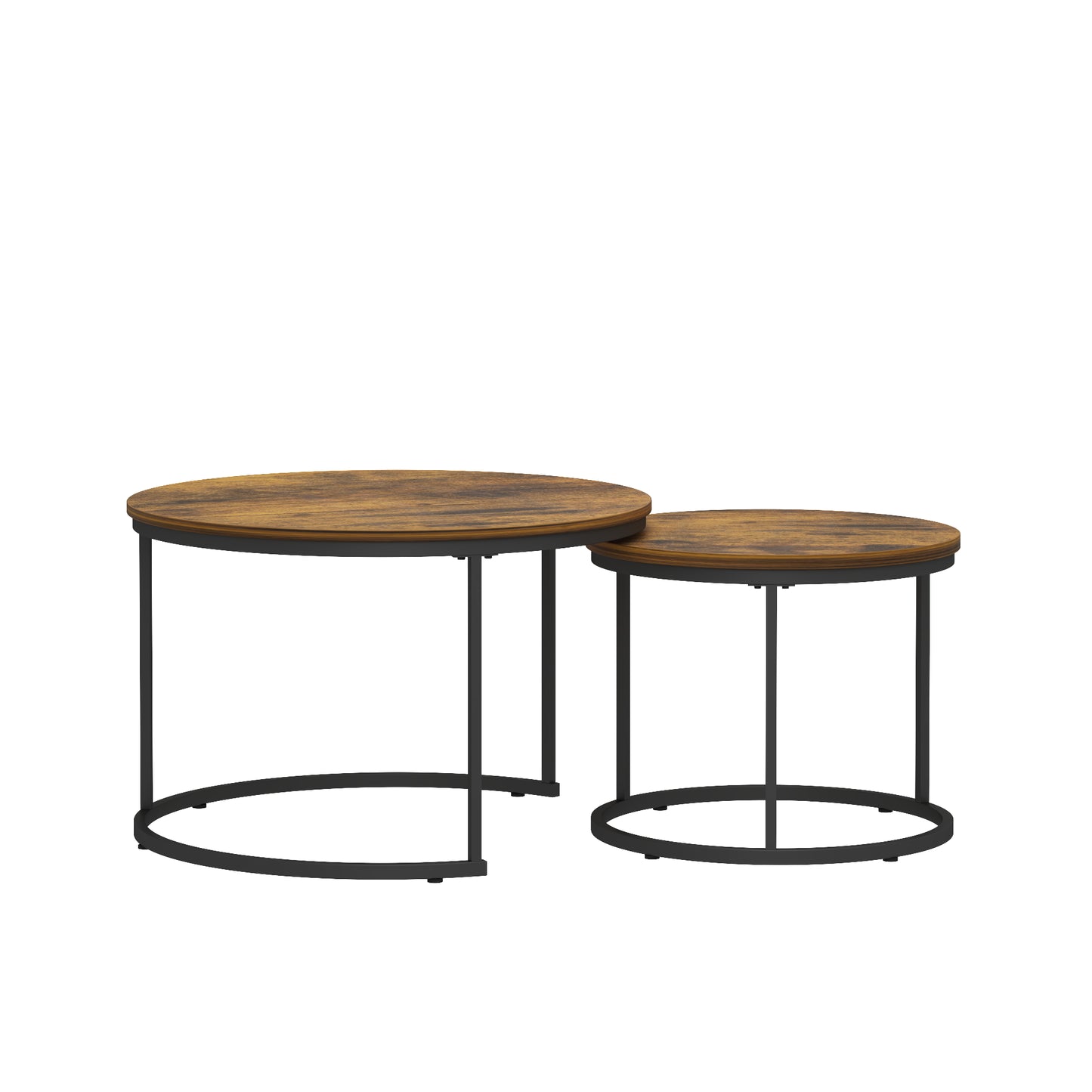 Nesting Coffee Table Set of 2 - Round Wood & Metal, Rustic Brown