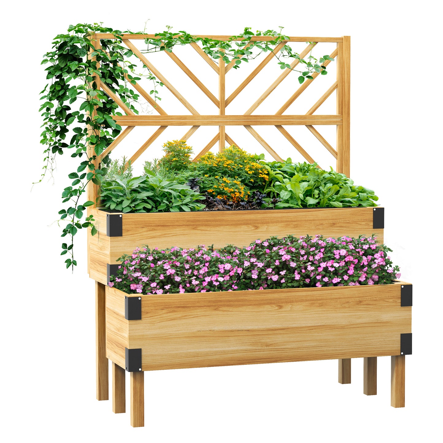 Wooden Raised Garden Bed with Trellis - Natural 1185x395x275 mm