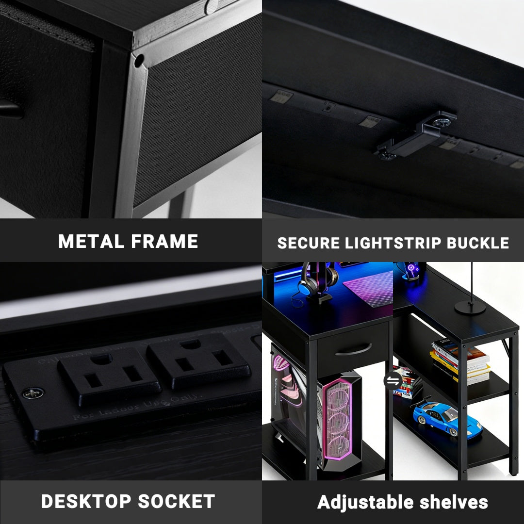 L-Shaped Gaming Table with USB Charging & LED Light