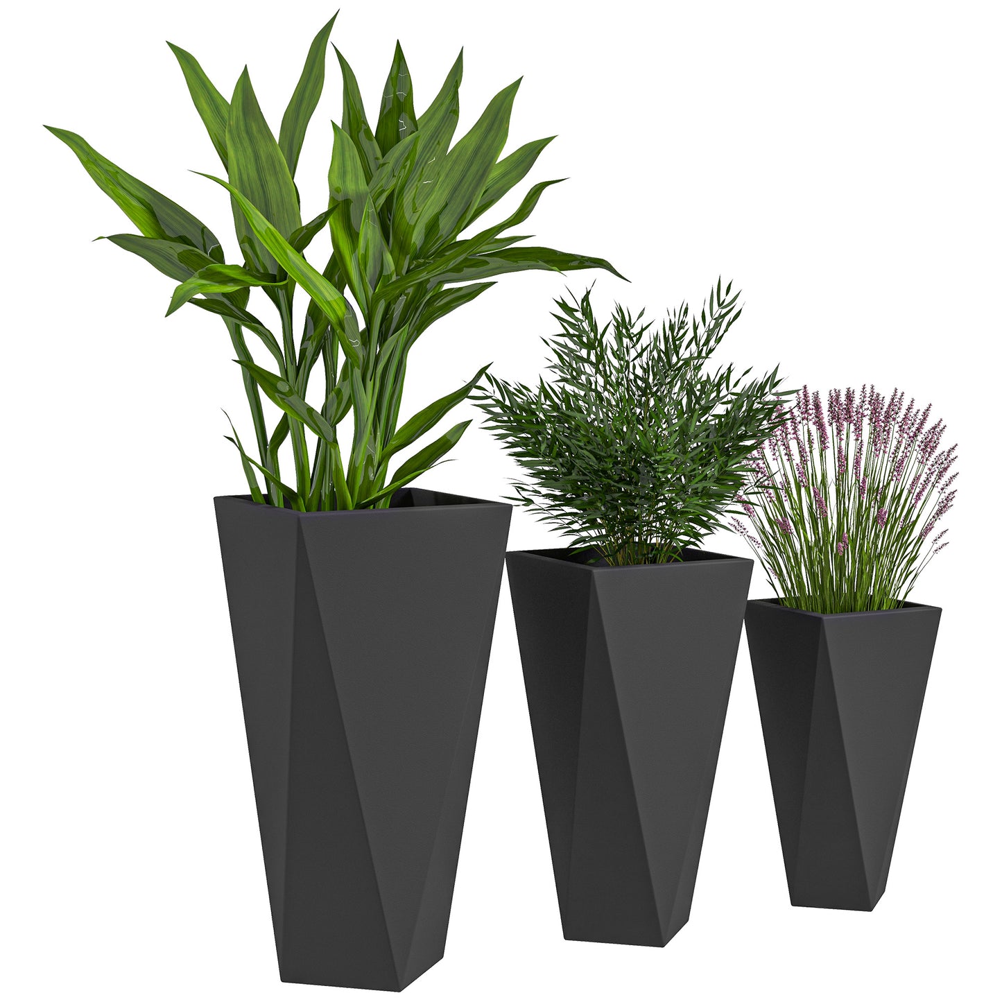 Set of 3 Tall Stackable Outdoor Garden Planters with Drainage Holes - Black