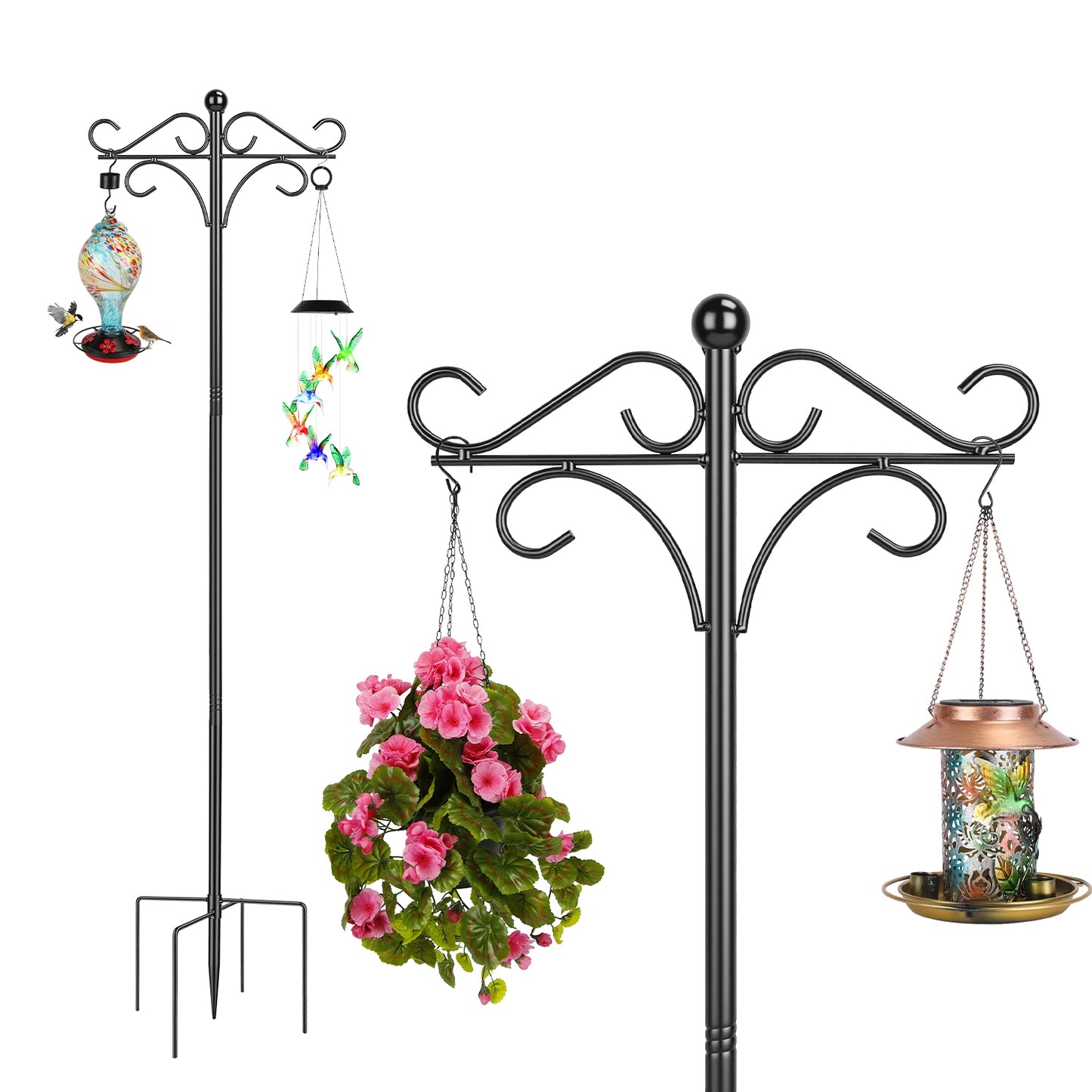 Heavy Duty Double Shepherds Hook Garden Pole - Adjustable Outdoor Bird & Plant Hook