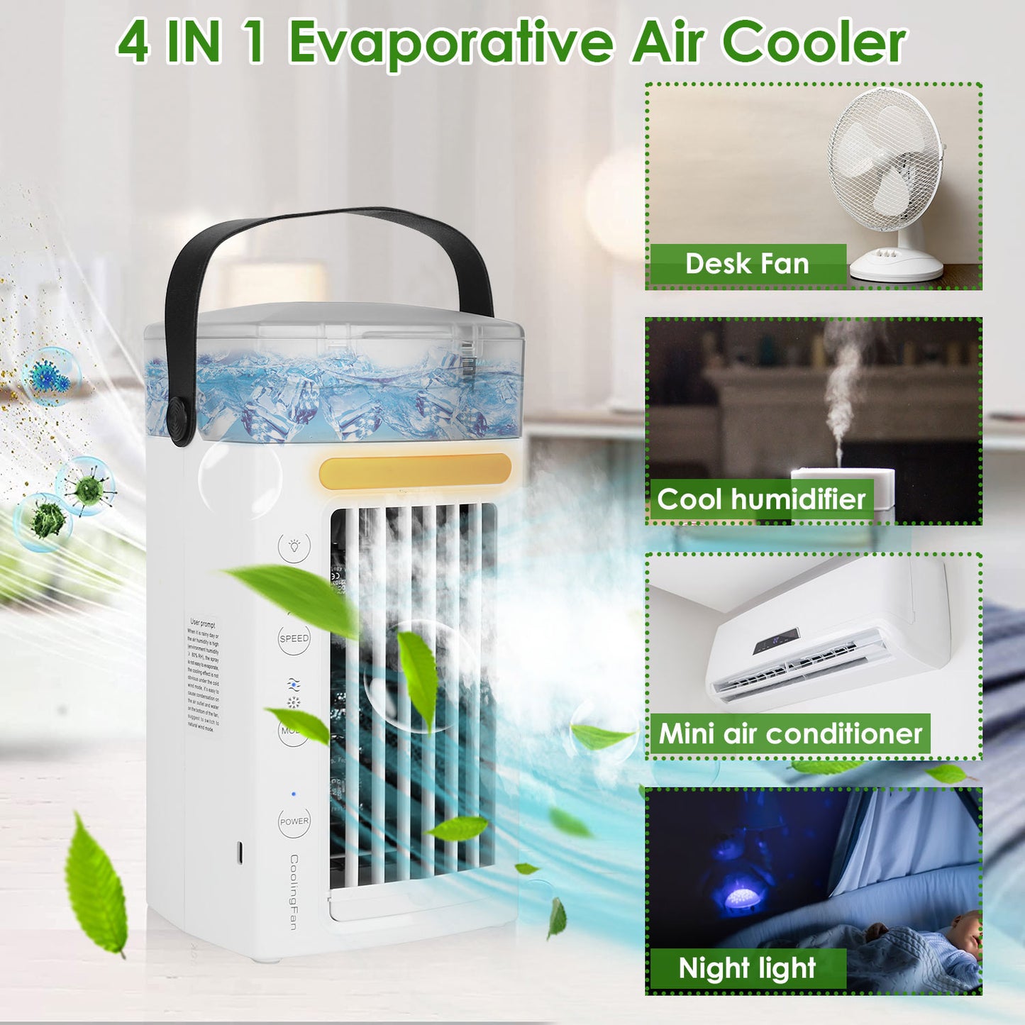 Portable Air Conditioner Fan - 4 in 1 Evaporative Cooler with 3 Speeds & Nightlight