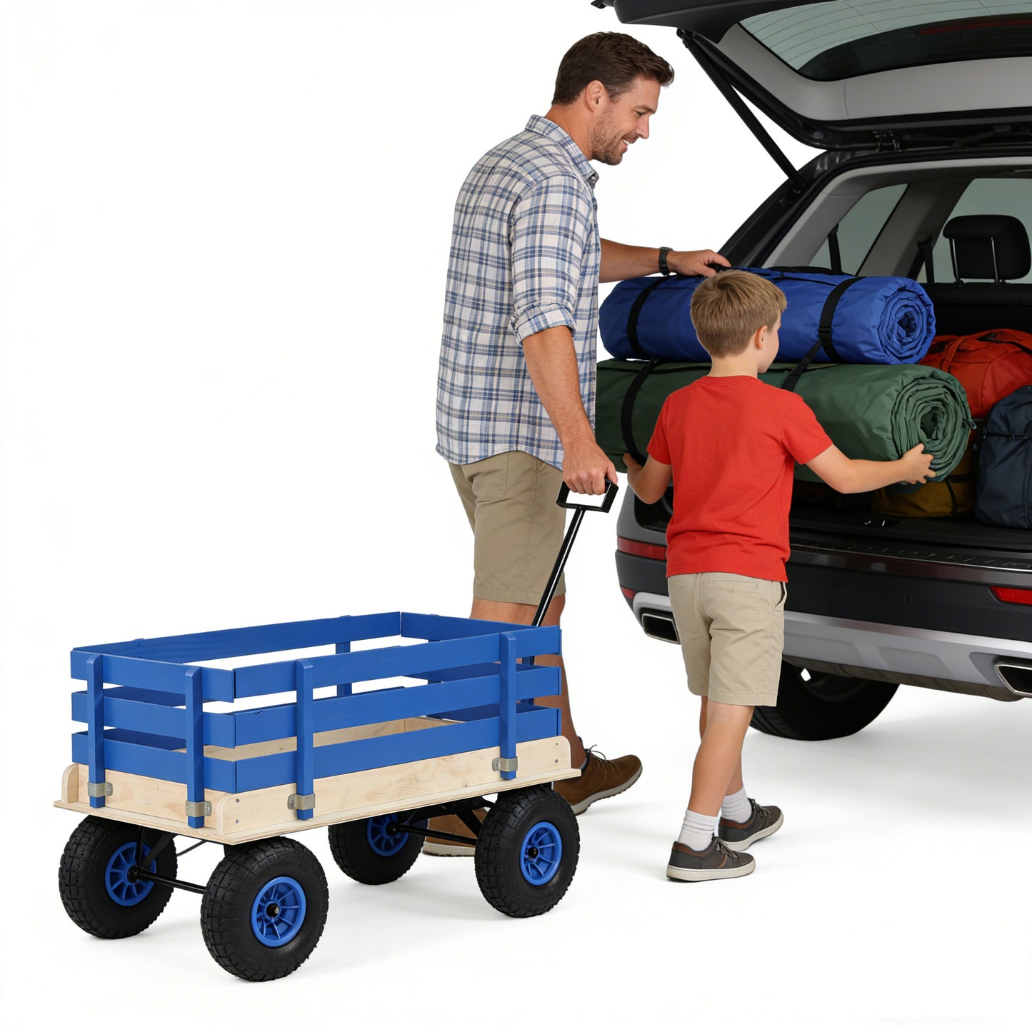 Blue Wooden Kids Pull Wagon with Removable Side Rails & All-Terrain Wheels