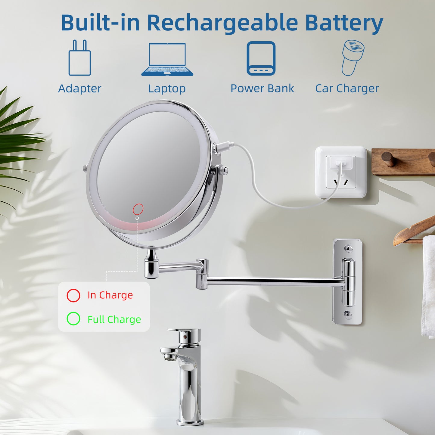 Wall Mounted Lighted Makeup Mirror - 1X/10X Magnification, Rechargeable, 3 Color Lights