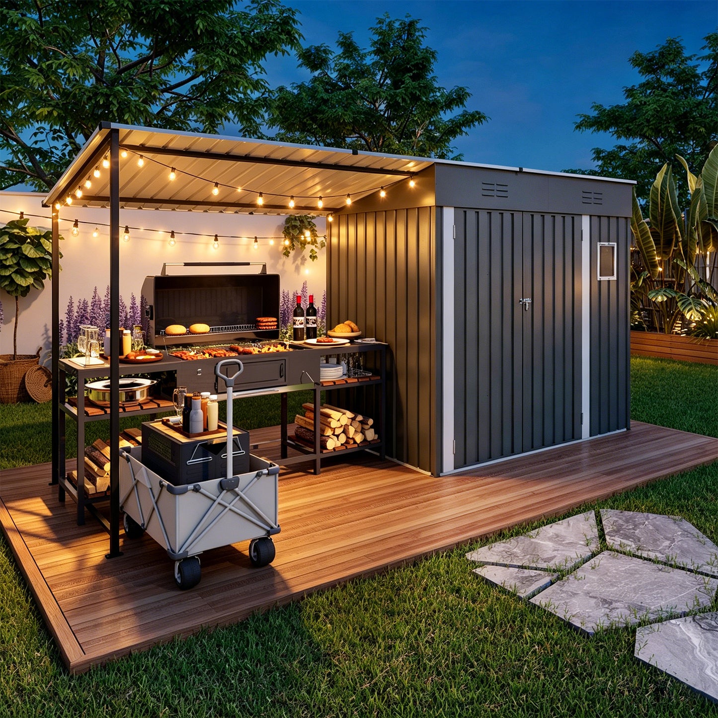 12x4ft Metal Lean To Shed With Open-Sided Pergola , 4'x6' Outdoor