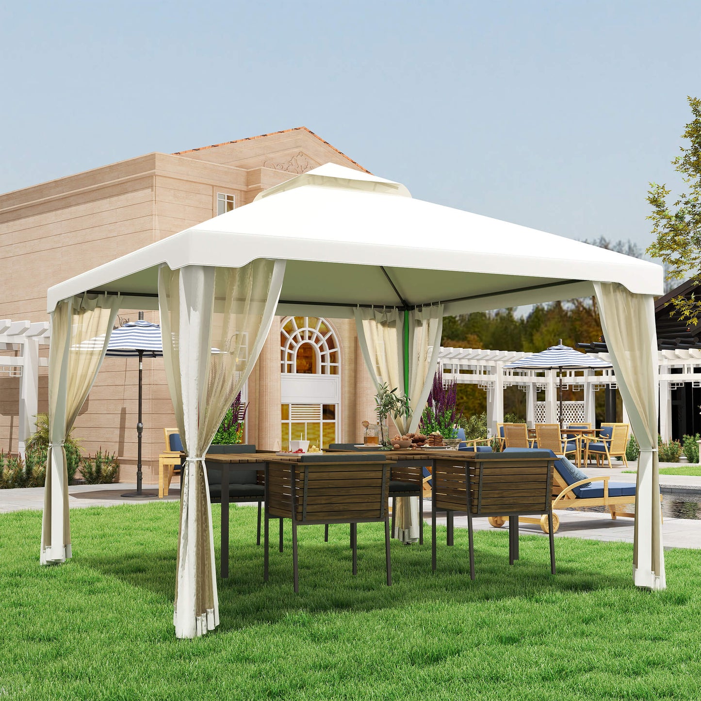 9.6ft x 9.6ft Outdoor Patio Gazebo with 2-Tier Canopy & Netting