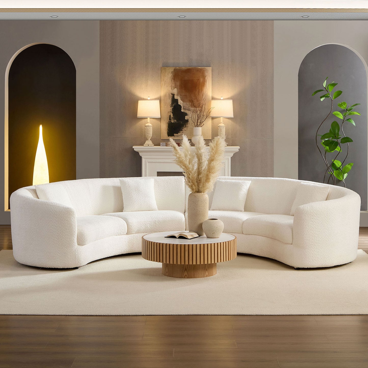 Mid-Century Modern White Curved Sofa with 4 Pillows