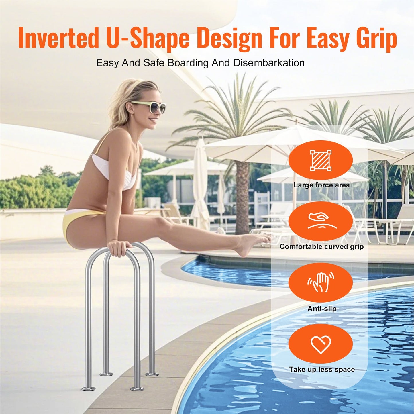 Aluminum Pool Handrail 36x13 Inch with Base Plate for Indoor Outdoor Pools