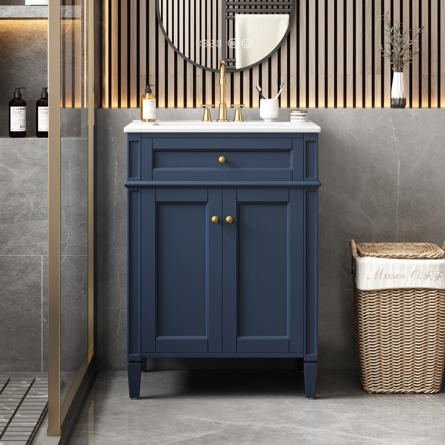 24" Blue Bathroom Vanity with Soft-Close Doors & Storage Drawer