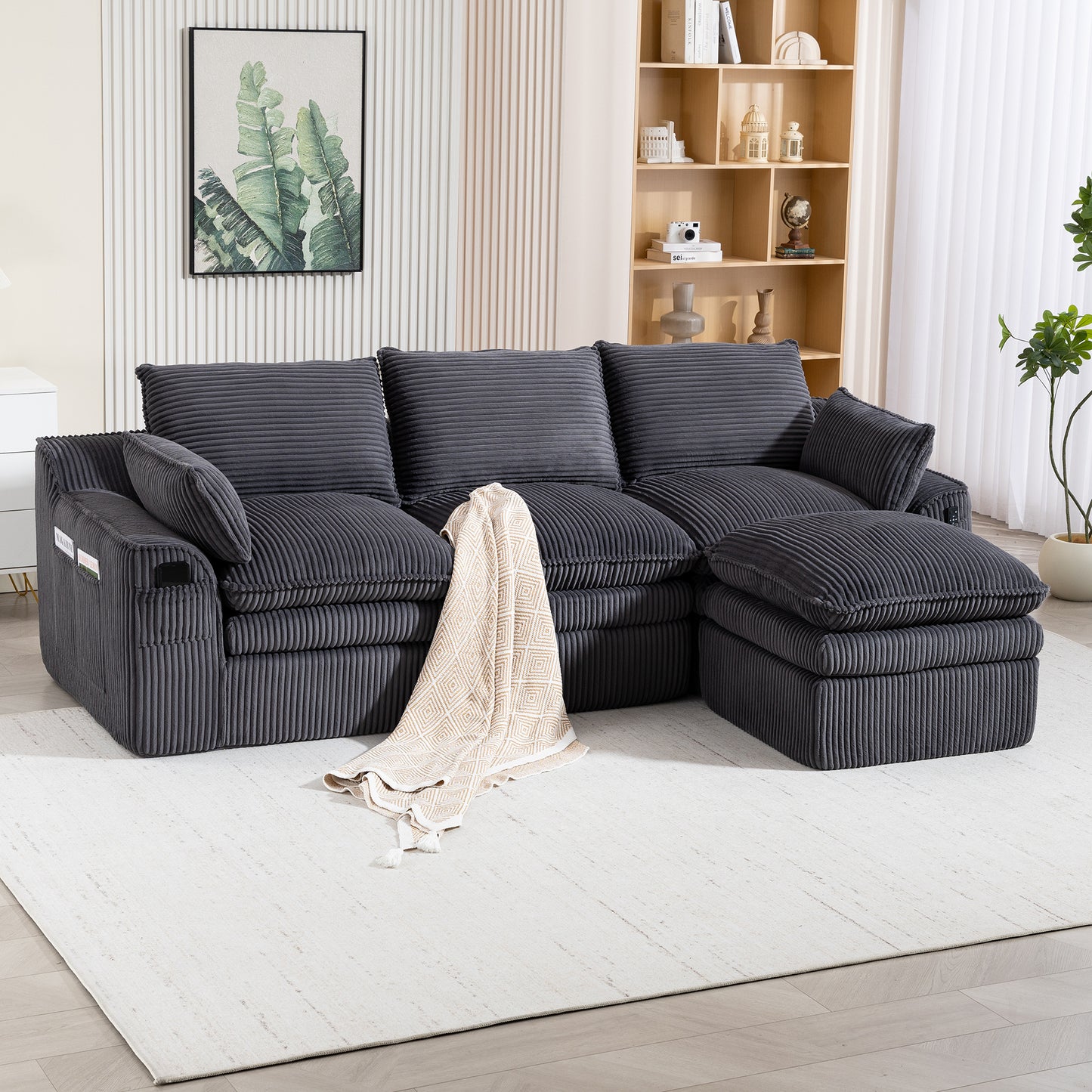 L Shaped Modular Sectional Sofa - Gray Corduroy with Footstool & Pillows