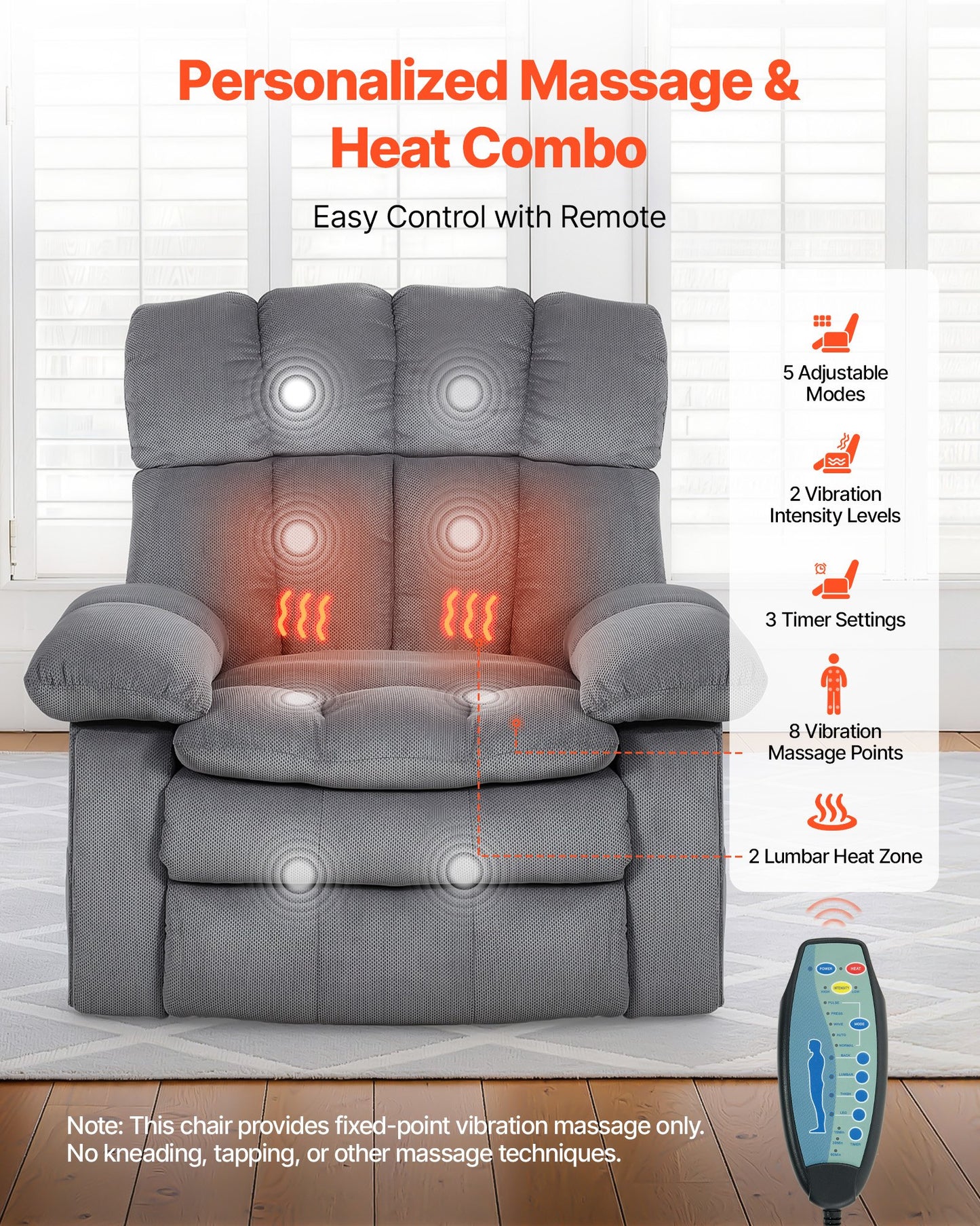 Electric Power Lift Recliner Chair with Heat Massage & Cup Holders - Oversized Gray