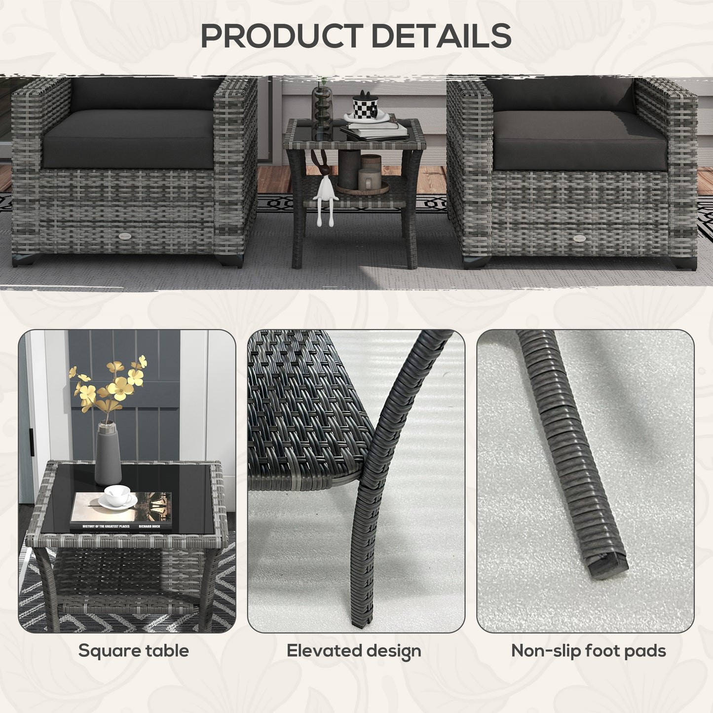 Outdoor Rattan Coffee Table with Storage Shelf - Mixed Gray
