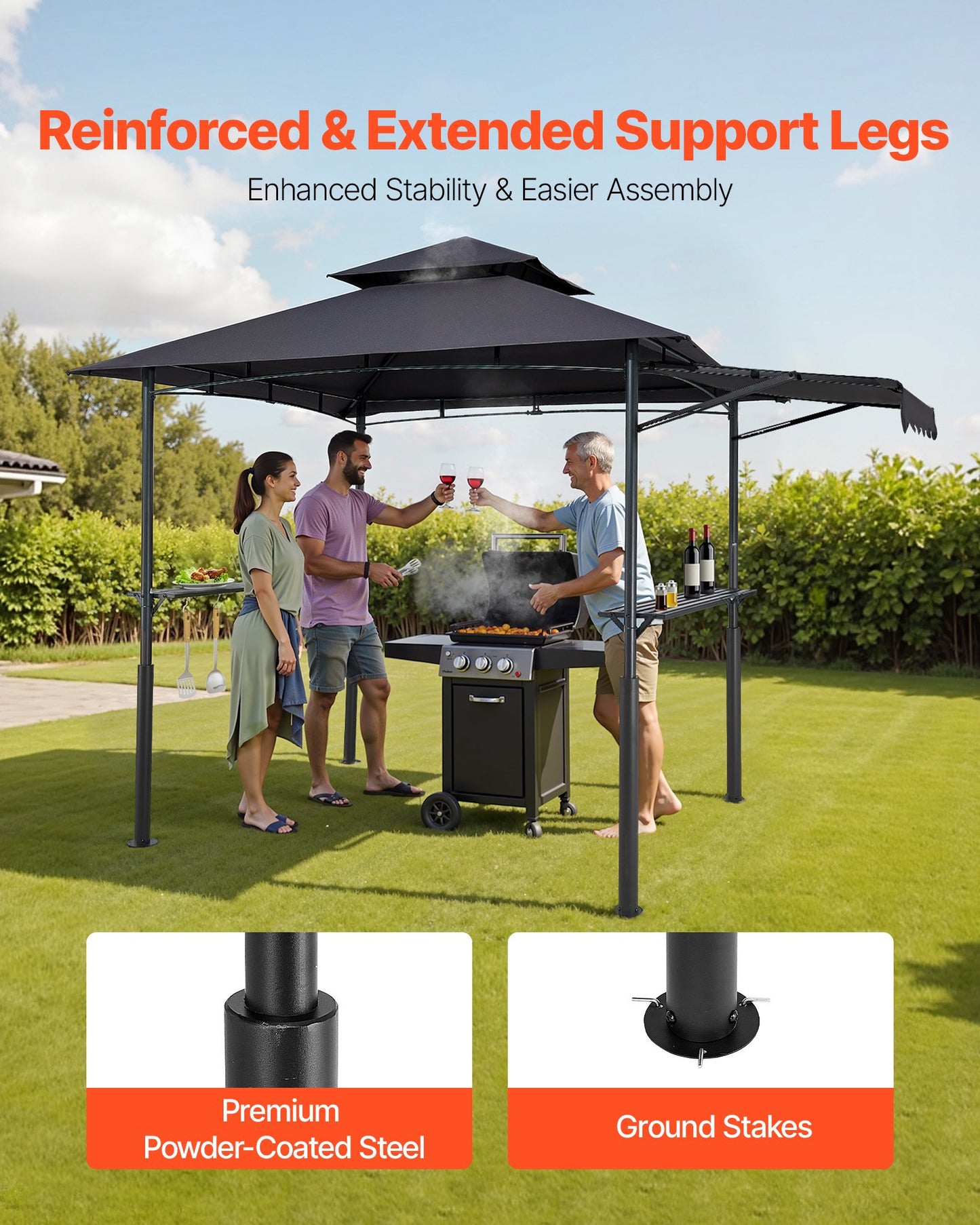 8x5 ft Reinforced BBQ Grill Gazebo Canopy with Double-Tiered Roof & Side Awnings