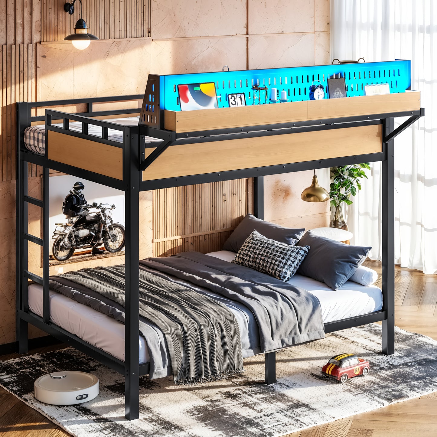 Full Over Full Metal Bunk Bed with Storage, USB Ports & LED Lights - Natural