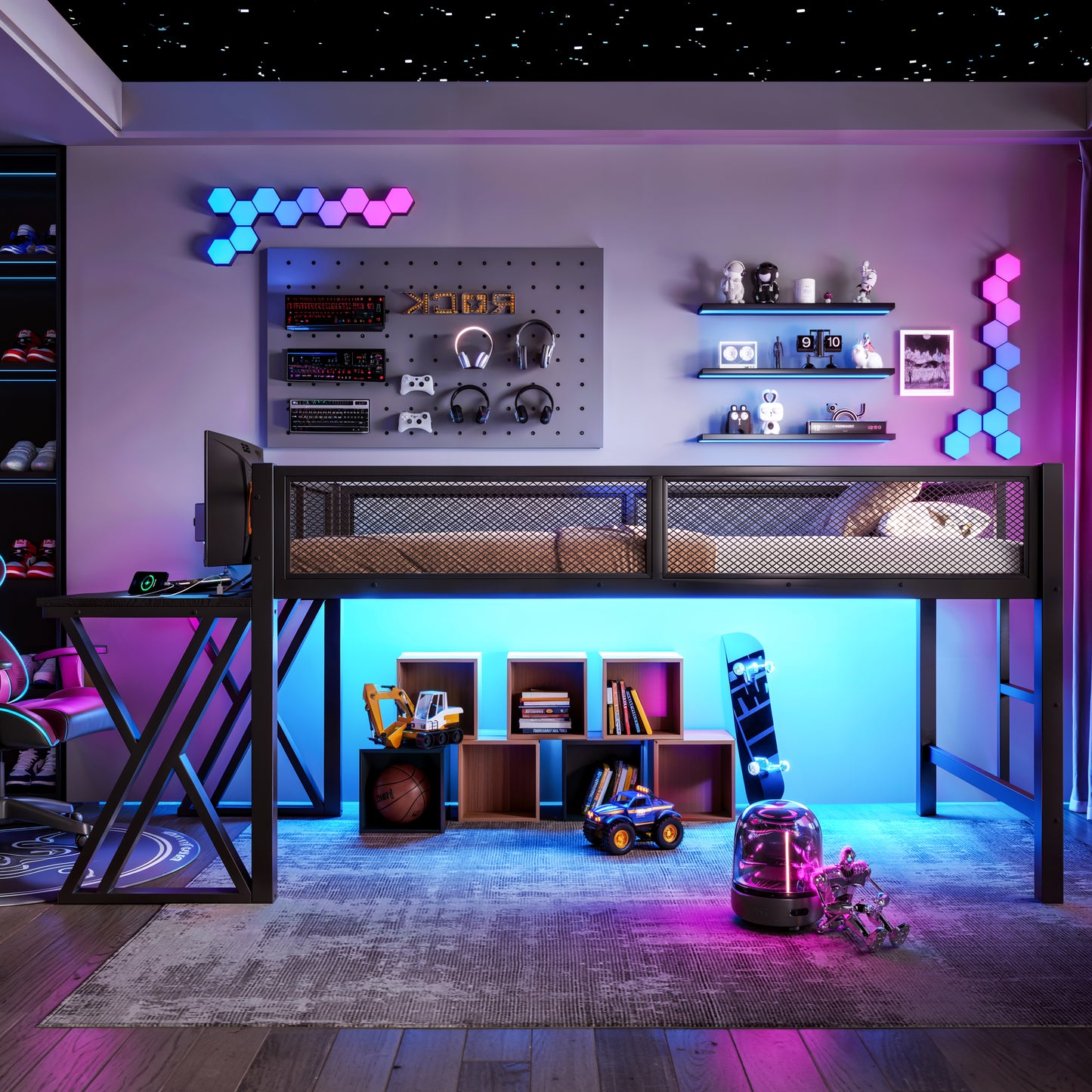 Twin XL Gaming Loft Bed with Desk, LED Lights & USB Ports - Black