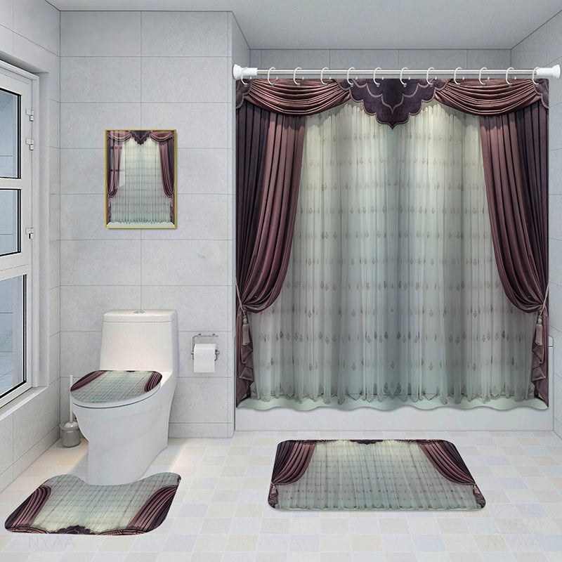 Bathroom 5-Piece Shower Curtain Set with Mat and Decorative Aluminum Frame