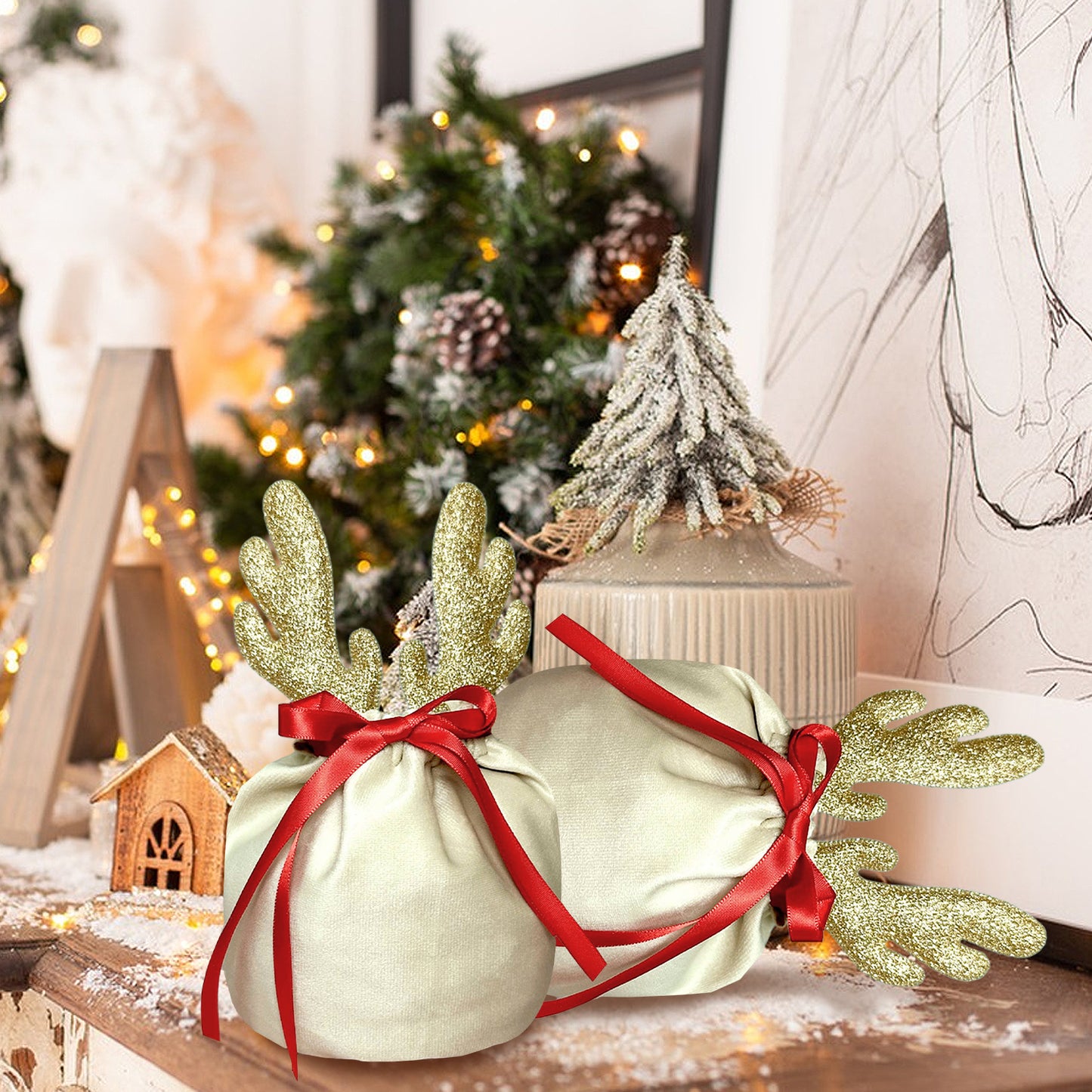 5-Piece Christmas Antler Gift Bag Set - Khaki & White