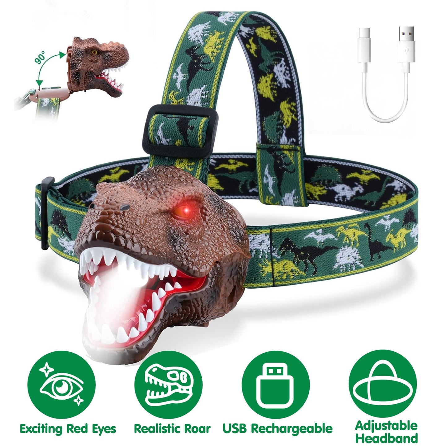 Kids Dinosaur Headlamp with Roar Sound & Adjustable Strap - Camping & Outdoor Toy