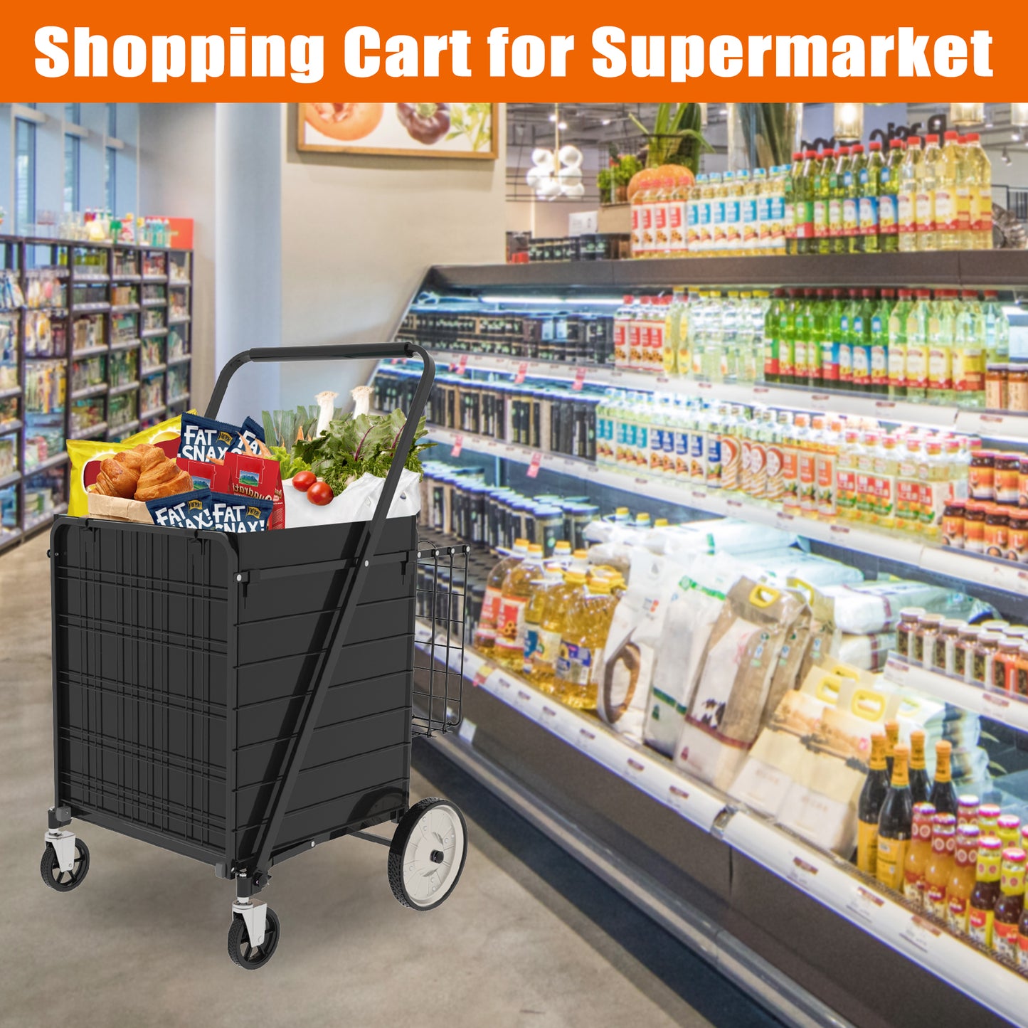 Foldable Super Jumbo Shopping Cart with Double Basket - Antique Black