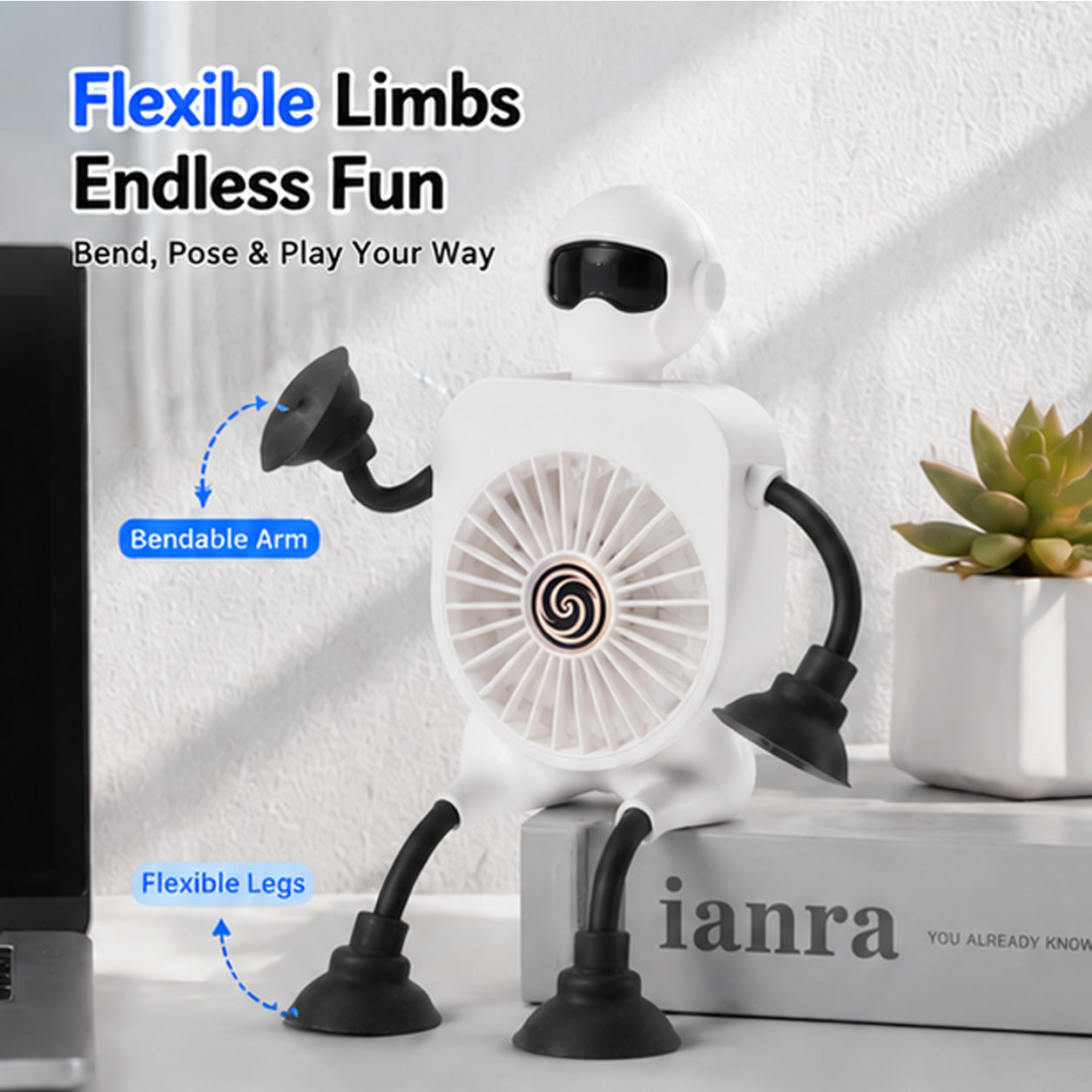 Rechargeable 2000mAh Mini Fan with Suction Cup & Flexible Arms - White