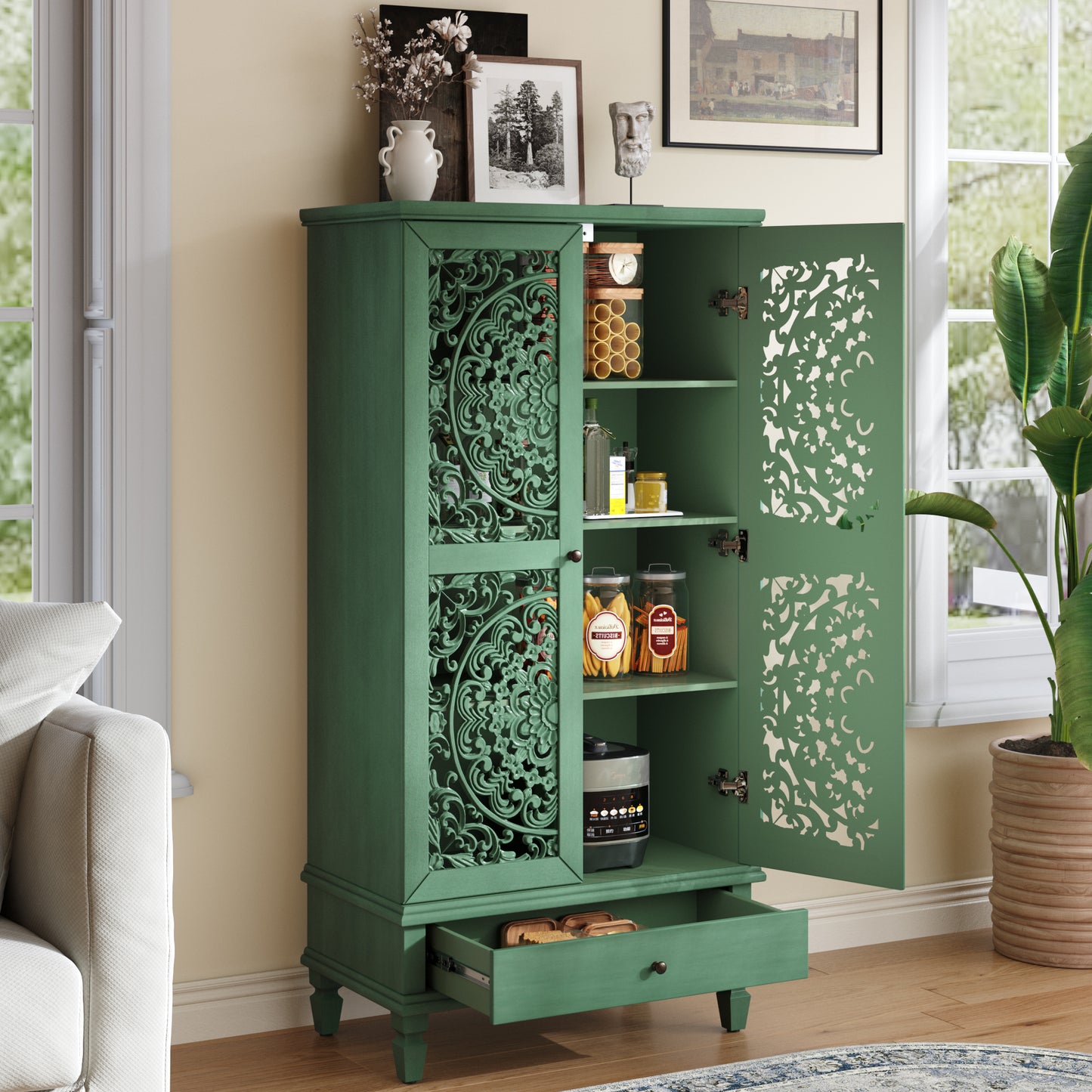 Rustic 55" Tall Storage Cabinet with Drawer - Antique Green