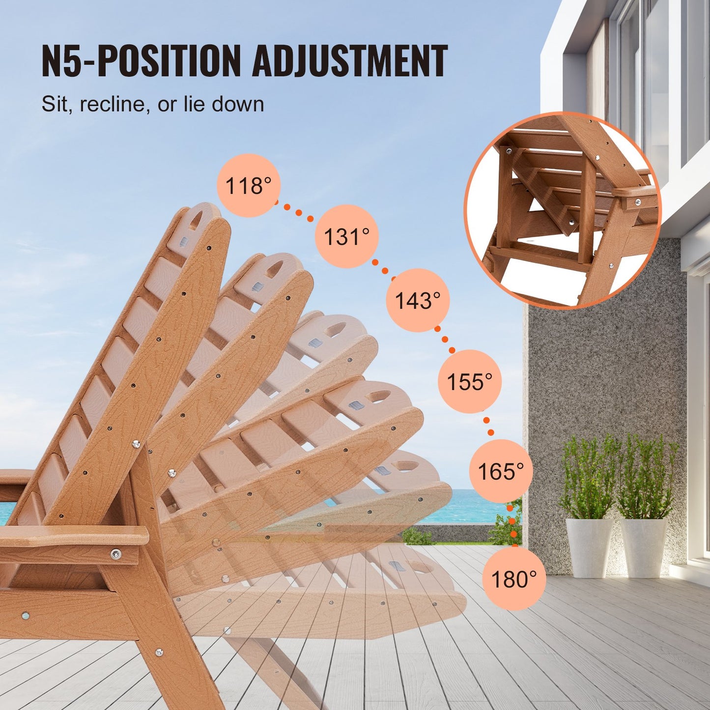 Adjustable 6-Position Outdoor Chaise Lounge Chair Waterproof & Heavy Duty Brown