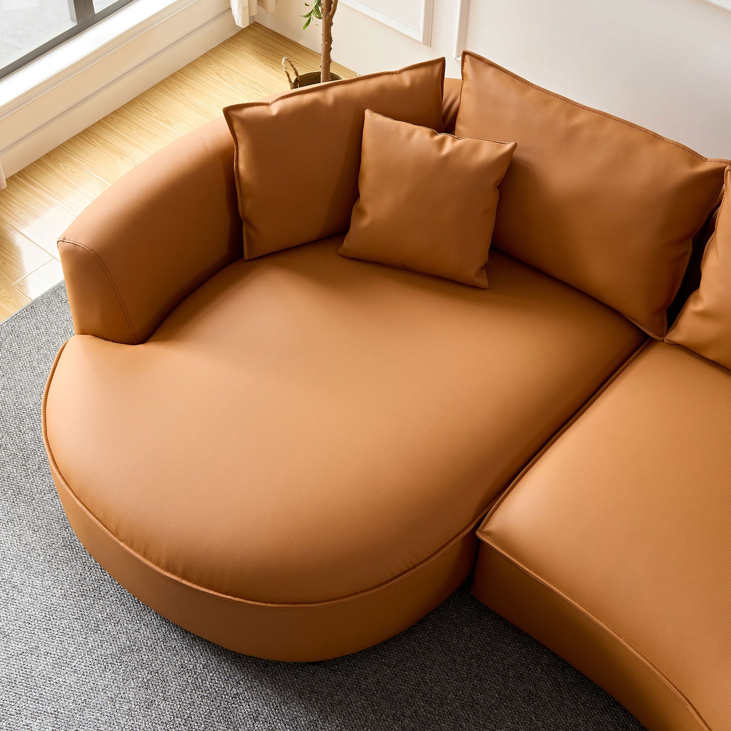 Curved 5-Seat Sofa Couch in Orange Eco-Leather for Living Room