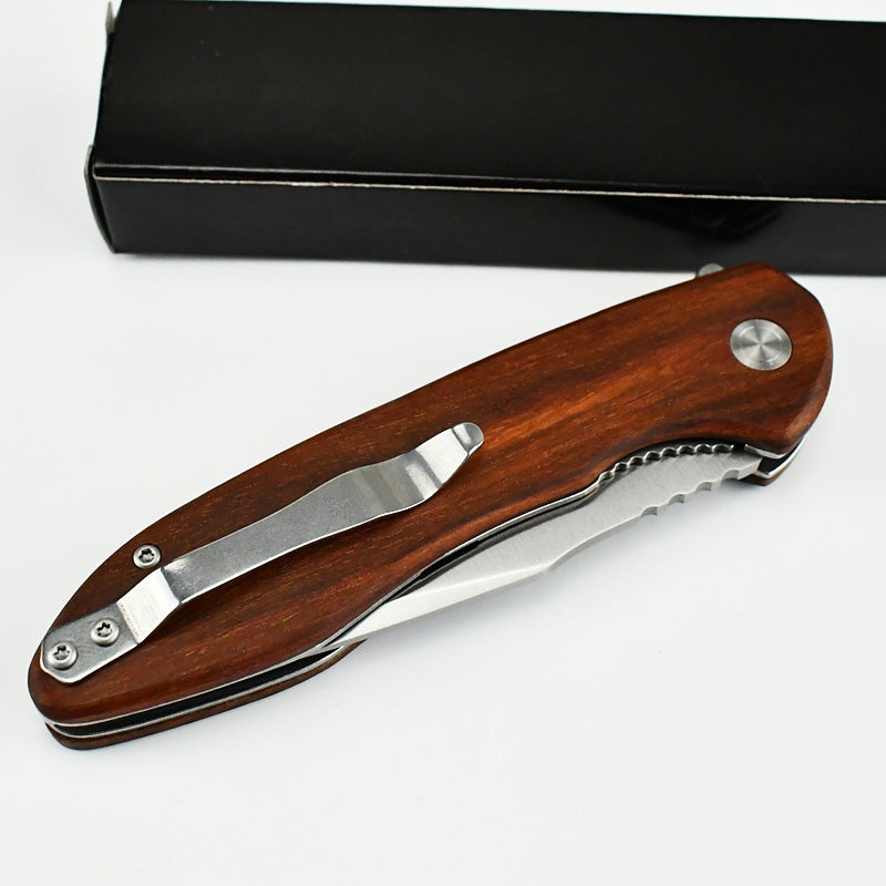 Self-Defense Folding Knife with Wooden Handle for Outdoor Use