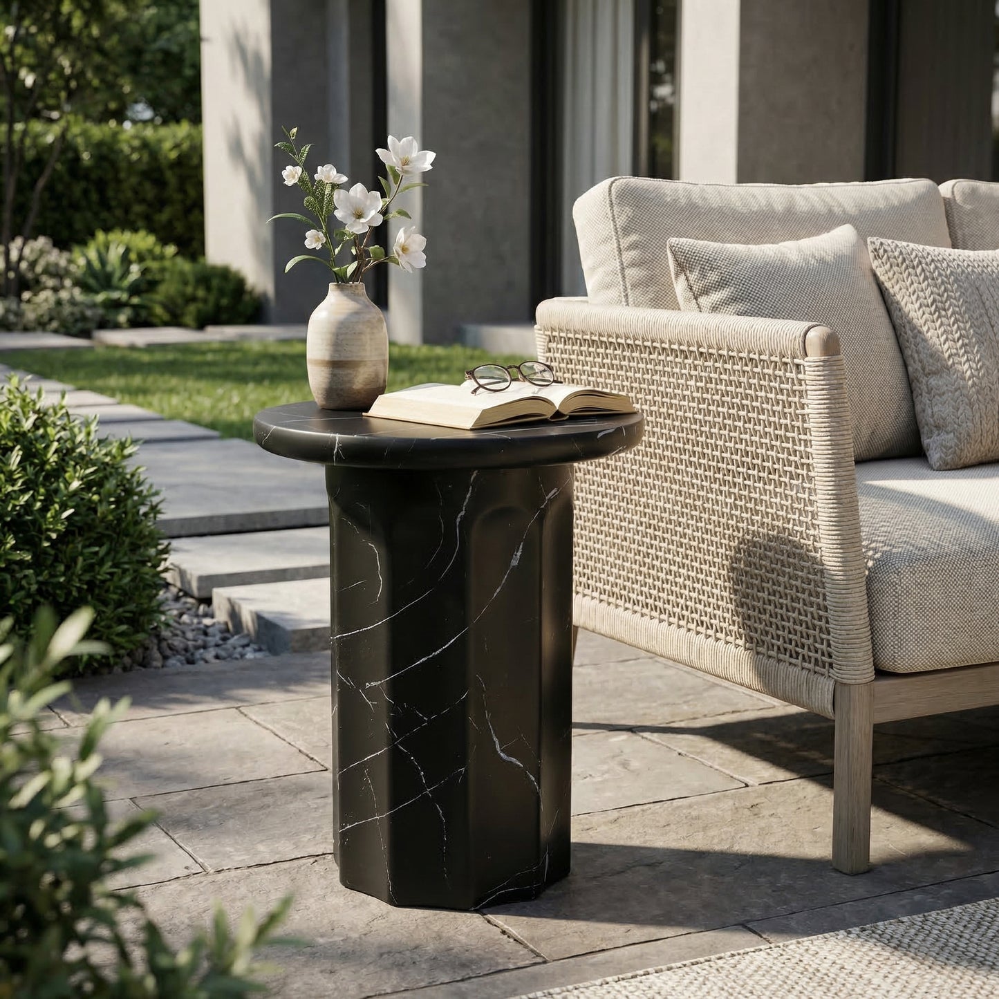 Outdoor Concrete Black Marble Effect Side Table - 16"