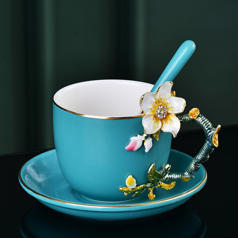Enamel Coffee Cup and Saucer Set - Ceramic Drinkware Kitchen Decor