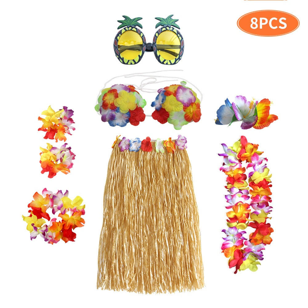 Adult Grass Skirt Set 8-Piece Party Costume for Festive Occasions