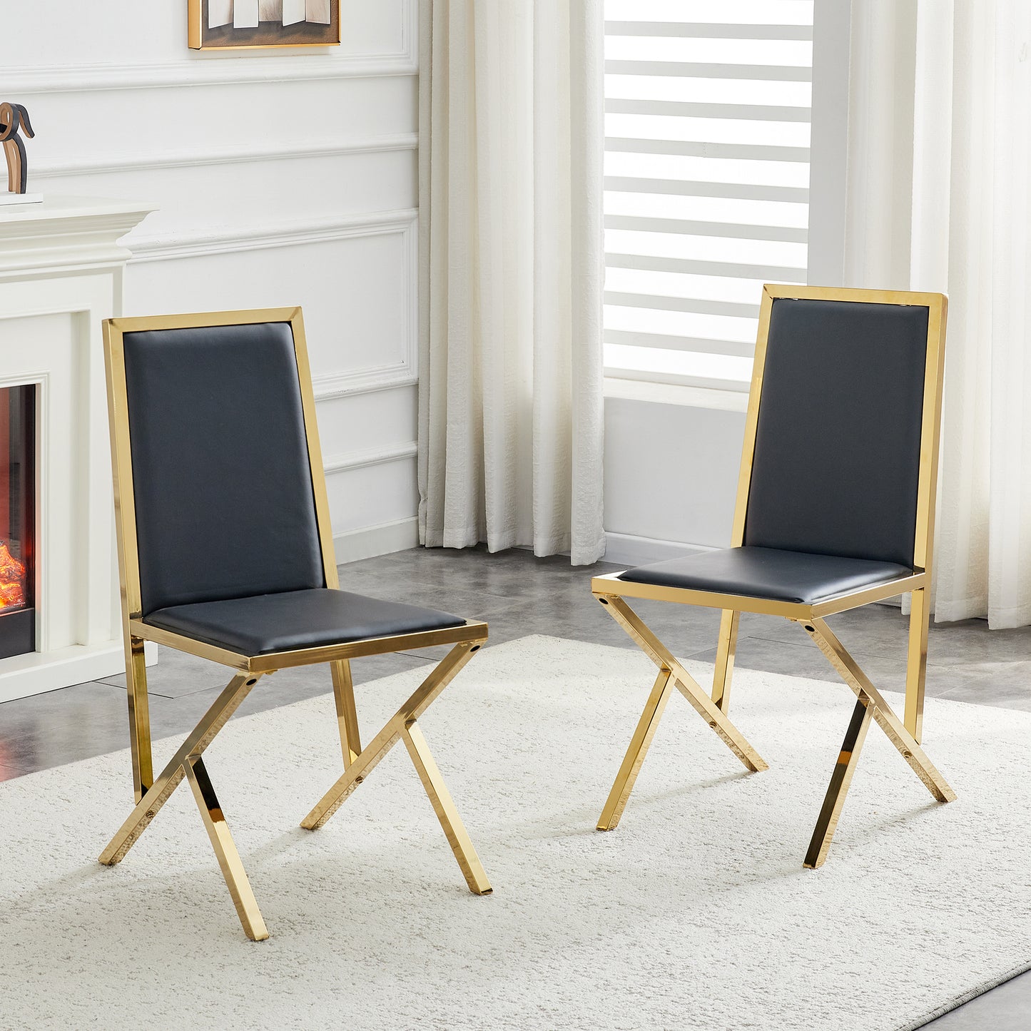 2-pack Gold Metal Framed Black PU Dining Chairs Ergonomic Design, A