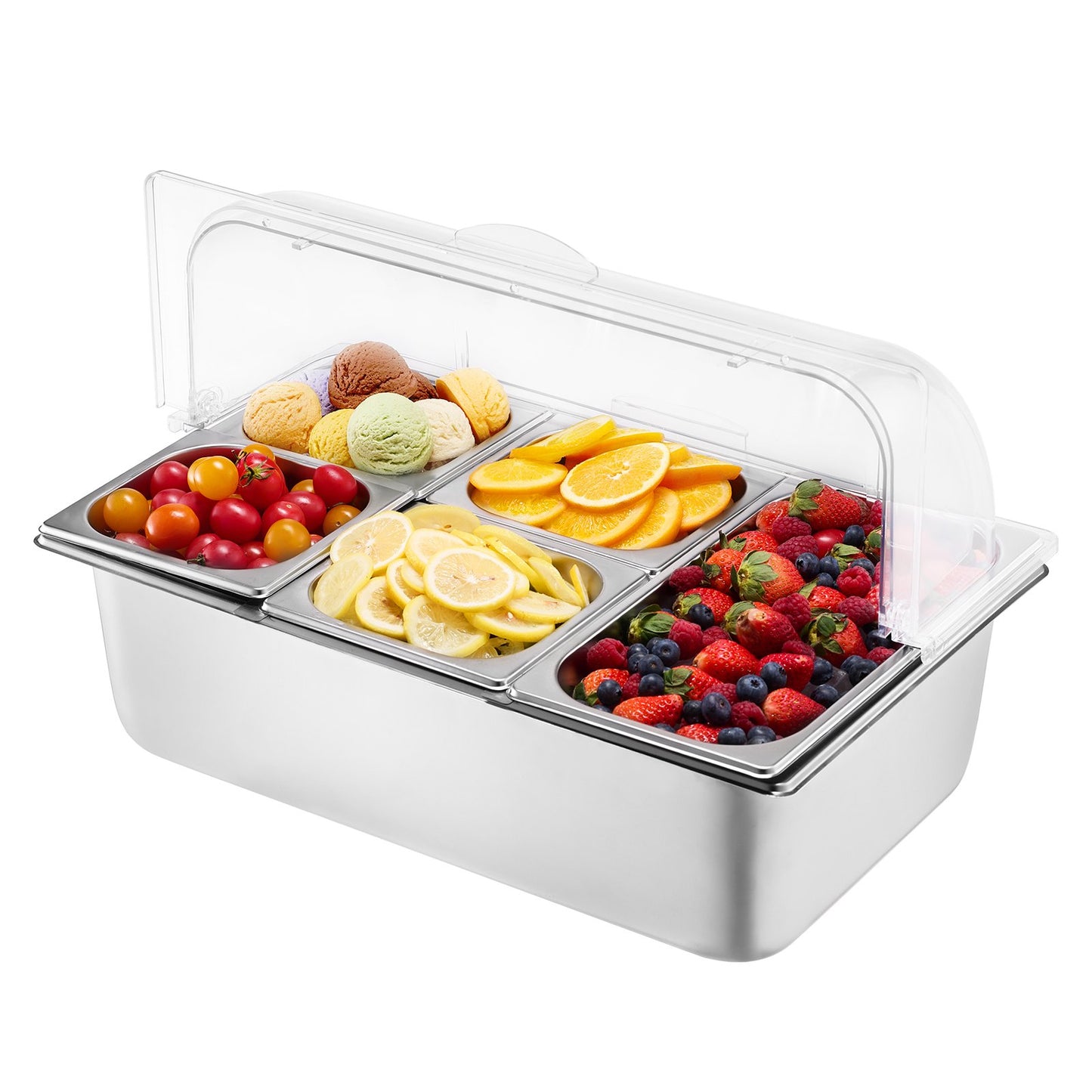 5-Pan Condiment Dispenser with Lid - Stainless Steel Display Container