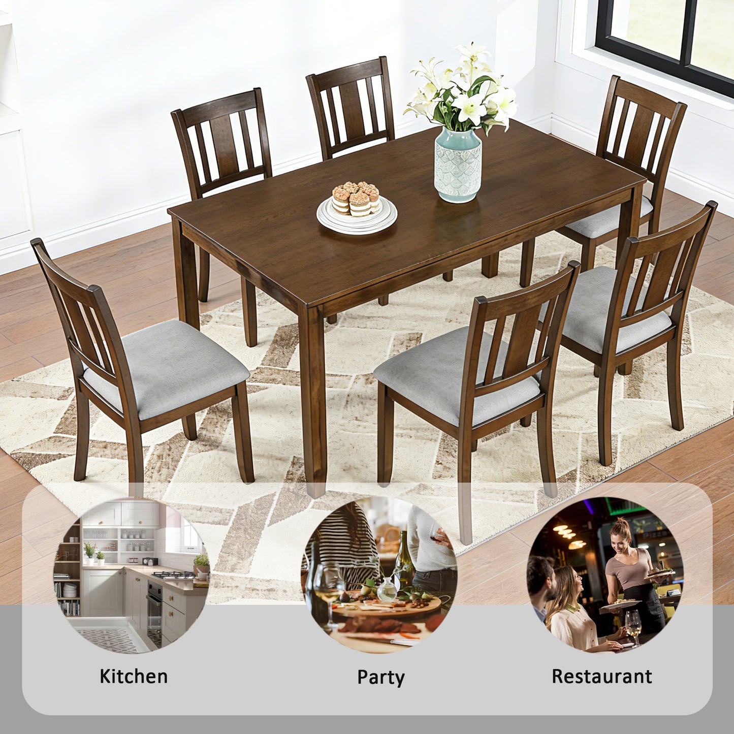 7-Piece Dining Table Set with 6 Upholstered Chairs - Walnut