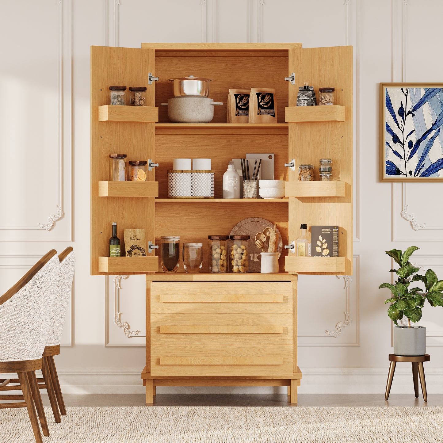70" Kitchen Pantry Cabinet - Solid Wood with 6 Door Shelves & 3 Drawers