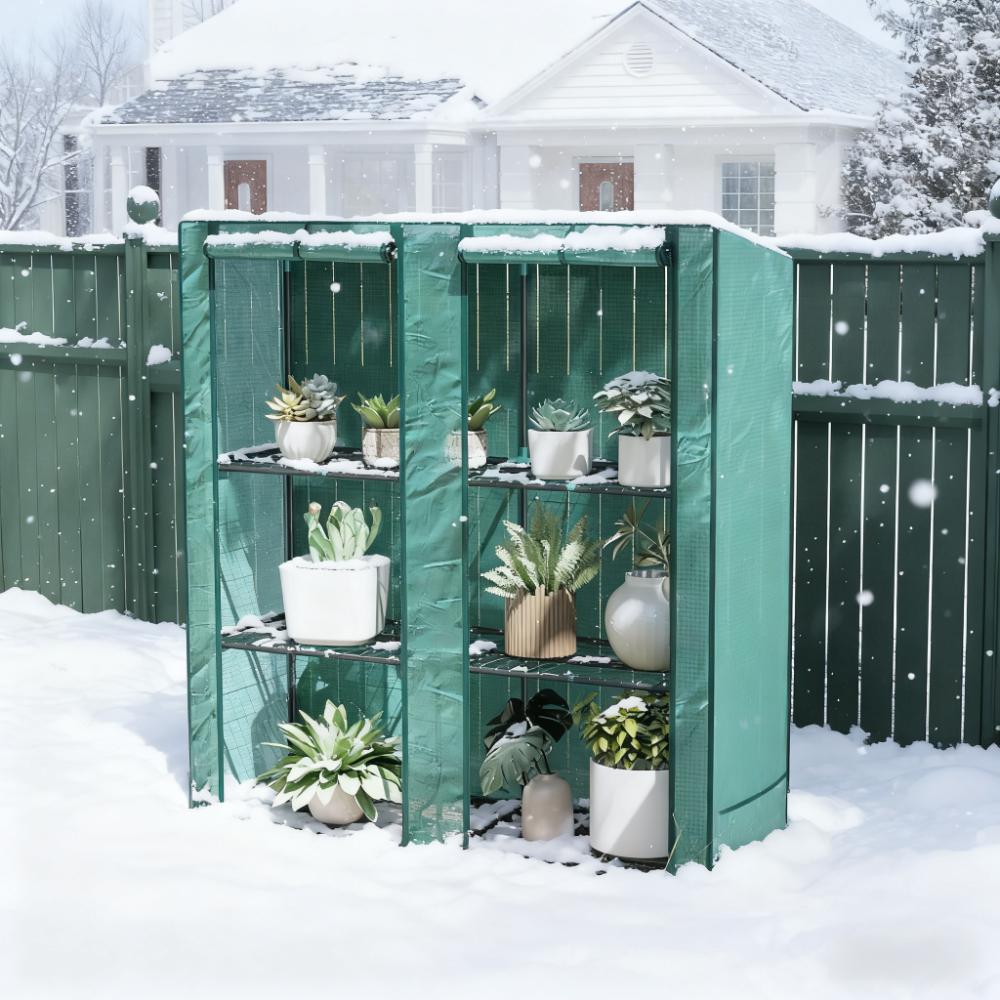 Portable Lean-To Greenhouse with Three-Tier Plant Shelf - Green