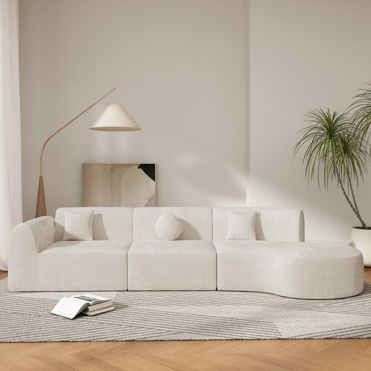 140" Curved Sectional Sofa - Beige 3-Piece Set with Chaise Lounge