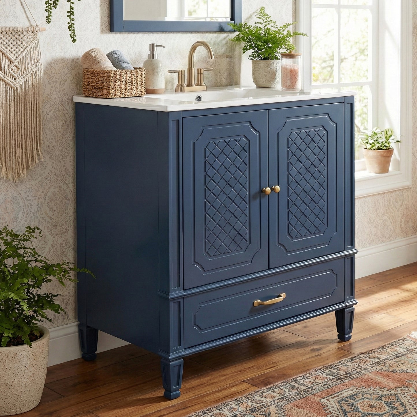 30" Vintage Bathroom Vanity with Sink - Blue, Multi-functional Storage