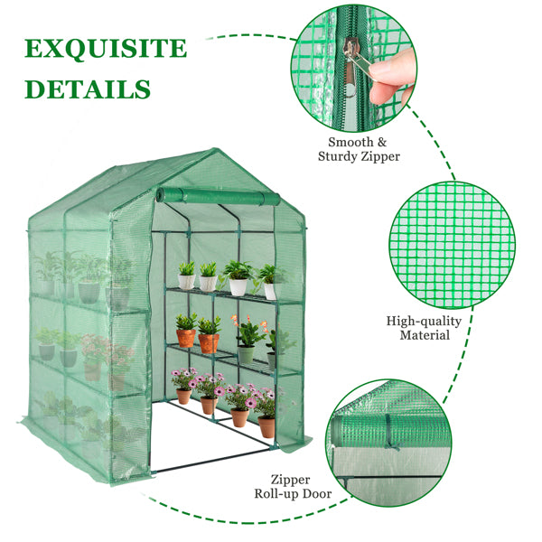 Garden Greenhouse with 8 Shelves, Green PE Cover & Black Iron Frame, 143x143x195cm