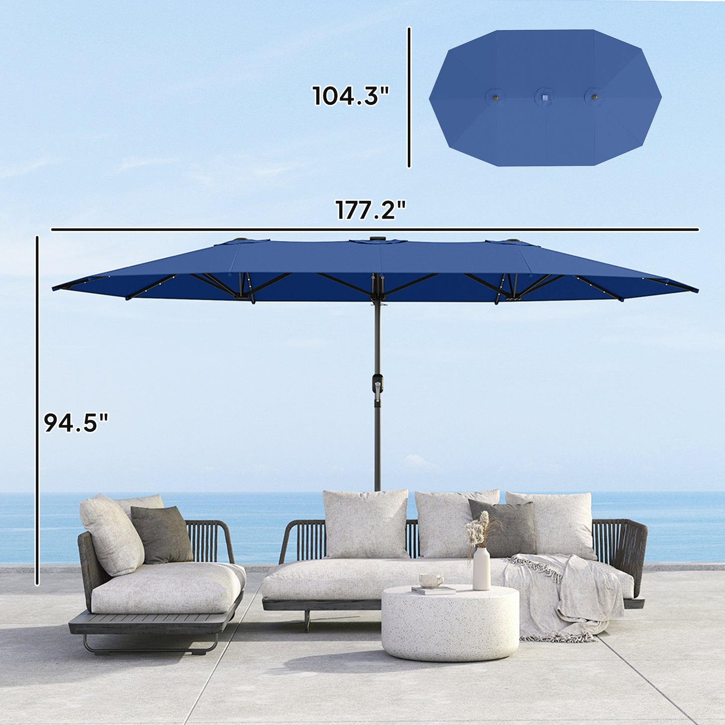 Double-Sided Garden Parasol with LED Solar Lights - Blue