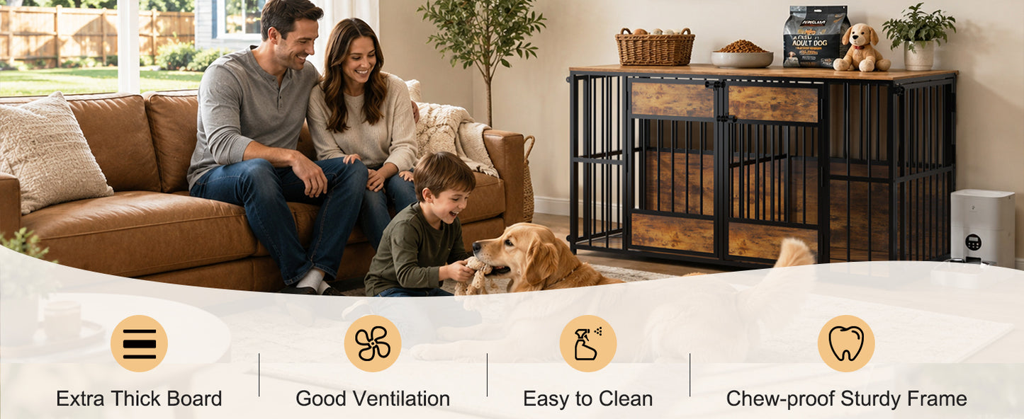 Large Wooden Dog Crate Furniture with Storage Top, Indoor Pet Kennel