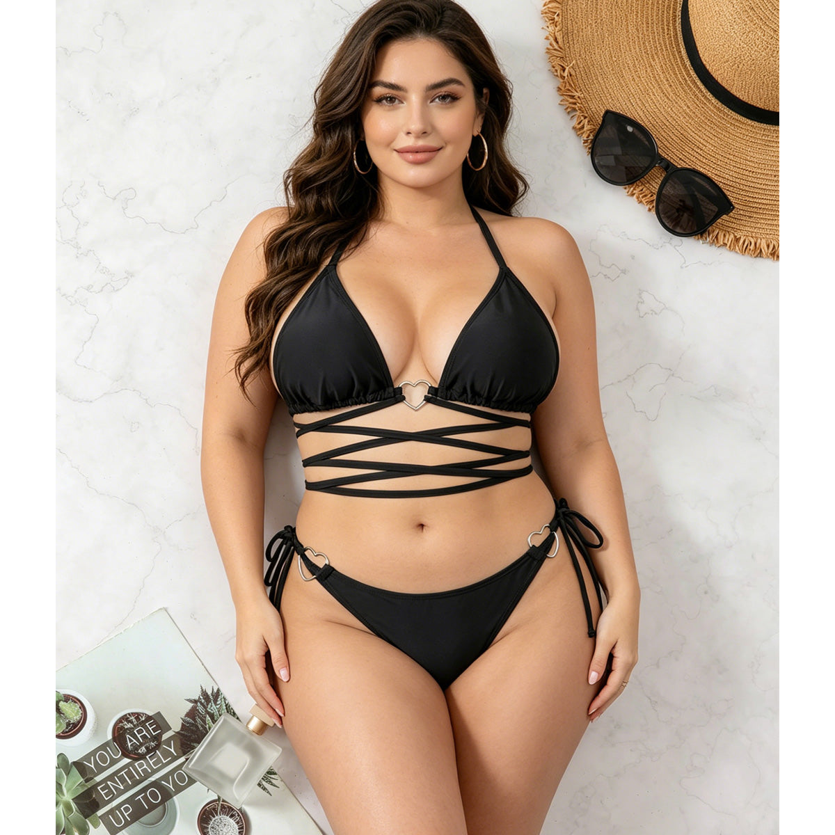 Women's Black Triangle Bikini Set with Lace-Up Top & Tie-Side Bottom