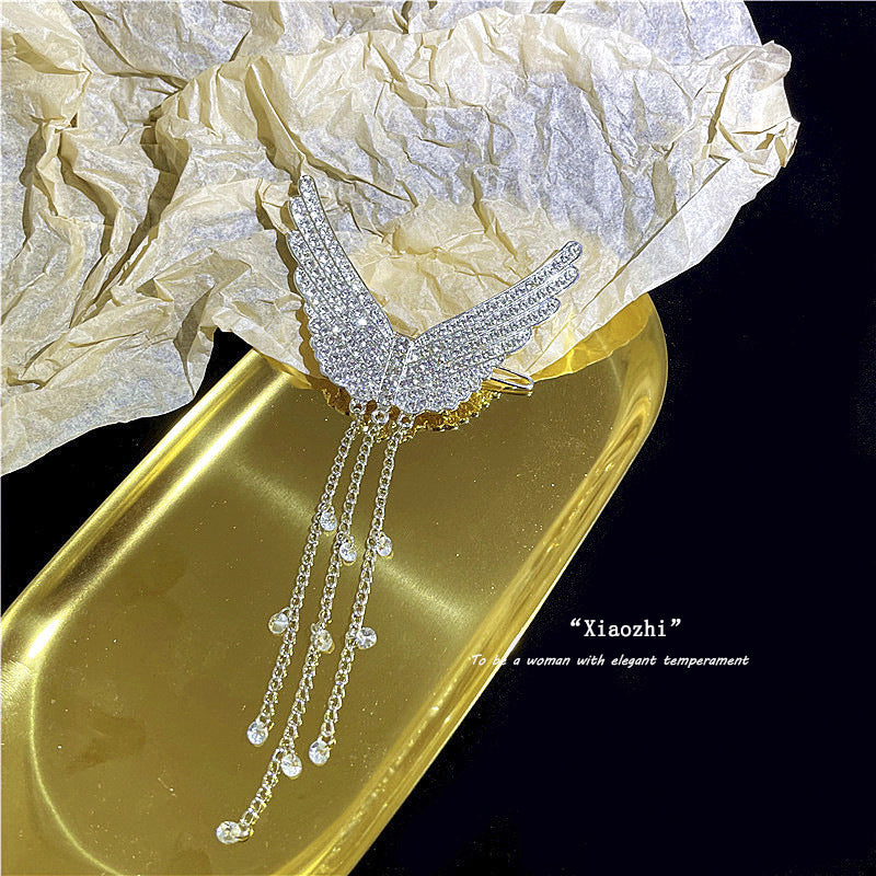 Rhinestone Wings Hairpin with Tassel - Silver