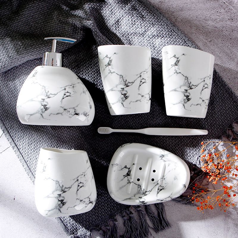 Marble Texture Ceramic Mouthwash Cup Bathroom Set - 5 or 6 Pieces