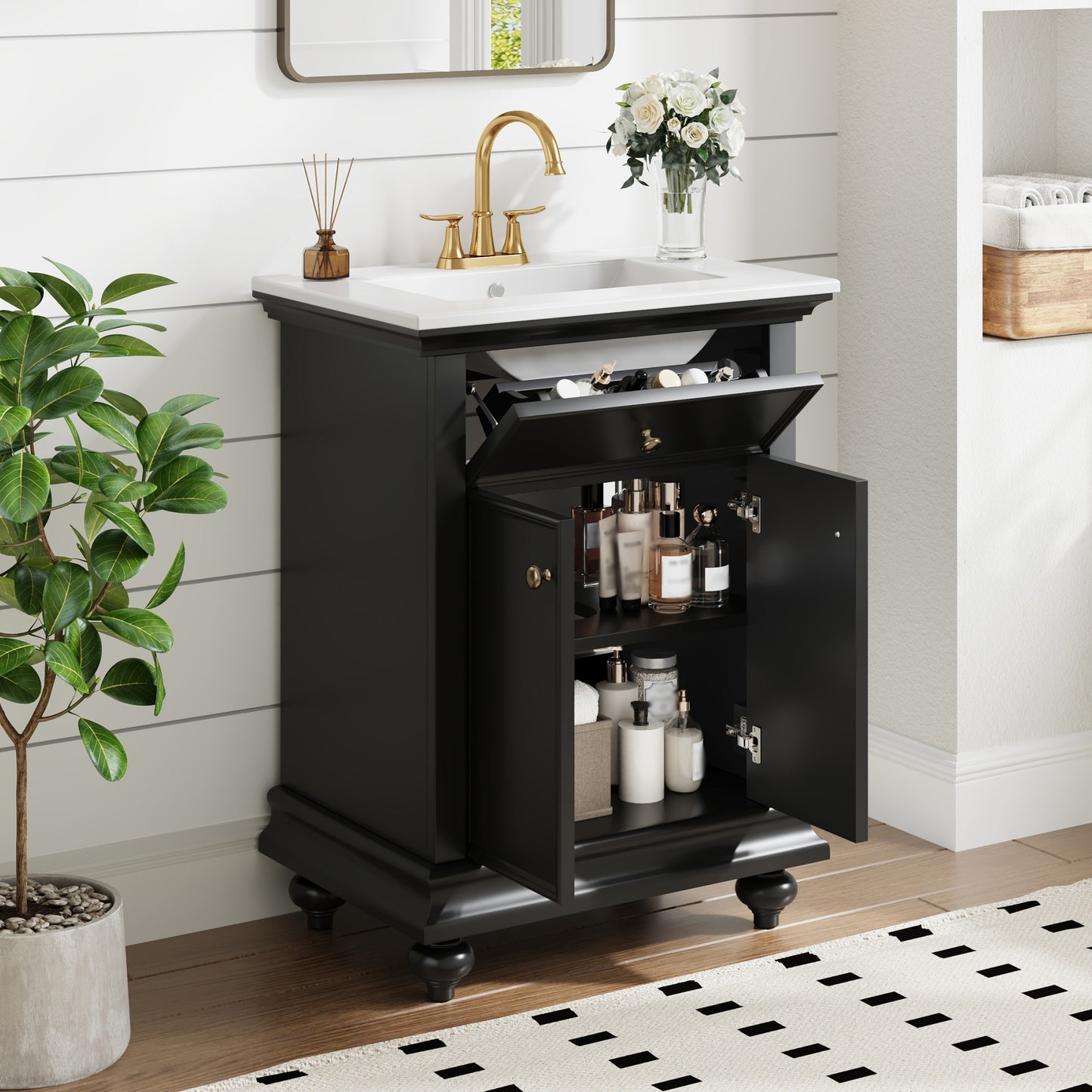 24" Black Modern Bathroom Vanity with Tip-Out Drawer & Soft-Close Hinges